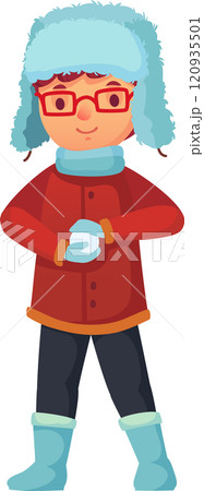 Smiling child dressed in a cozy winter hat, warm coat, gloves, and boots, holding a snowball, eagerly anticipating a joyful day filled with fun outdoor activities in the snow 120935501