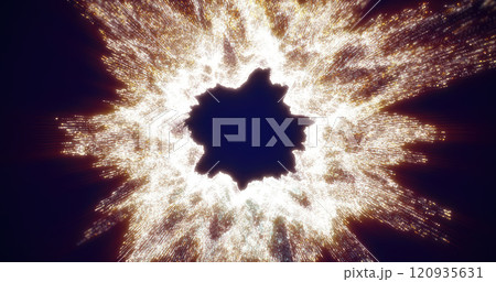 Radiant white and gold burst of light particles spreading outward, creating a warm and luminous energy aesthetic against a dark backdrop 120935631