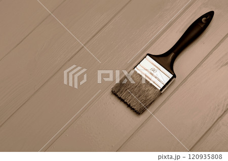 Paintbrush lying on wooden planks in Mocha and Mousse color scheme 120935808