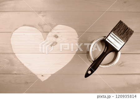 Heart shape on wooden surface with paintbrush on the side, Mocha and Mousse 120935814