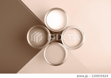 Top view of four paint cans with Mocha and Mousse inspiration 120935824