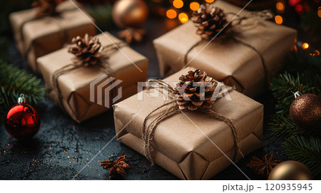 Christmas still life. New Year gifts packed in cardboard lie on the table, top view 120935945