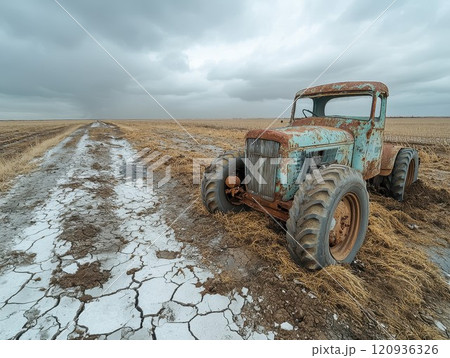 Rusty tractor in dry desert landscape evoking abandoned, vintage machinery amid cracked earth of remote barren land Rusty tractor in dry desert landscape evoking abandoned, vintage machinery amid cracked earth of remote barren land 120936326
