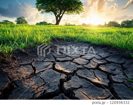 Green grass and cracked earth contrast under bright sunlight revealing natural drought and environmental impact 120936332