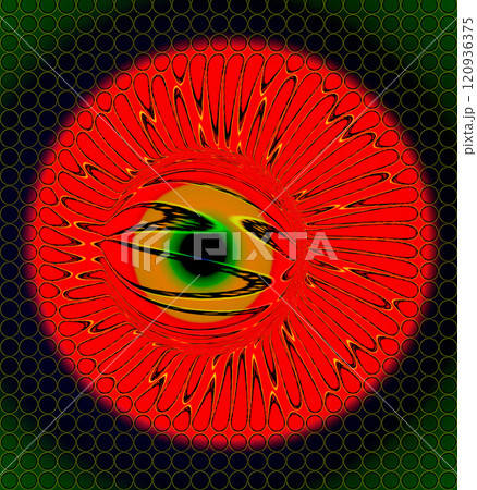 Orange eye with yellow pupil. Creative image. Bright orange eye close-up on a green background in an art execution. Expressionism. 120936375