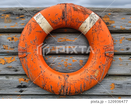 Lifeguard tower, red weathered lifebuoy on wooden wall with peeling paint, nautical vintage rescue 120936477