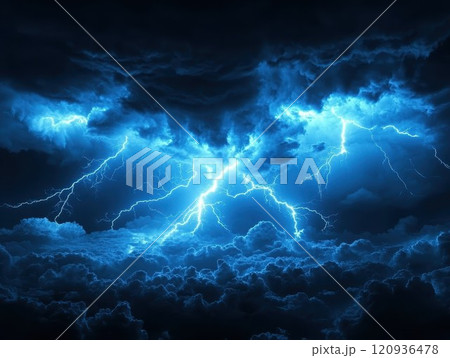 Dramatic night sky with bright lightning striking over dark silhouettes and clouds 120936478