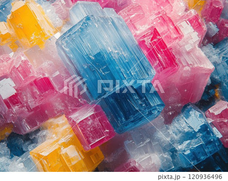 Vibrant colorful crystals, gemstones pattern, color candy, natural mineral formations, resin art 120936496