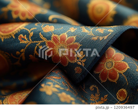 Tapestry or jacquard decor abric pattern with floral design and vibrant texture evoke cultural artistry 120936497