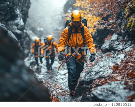 Adventure group, mountain rescue team climbing snowy mountain slope with ropes 120936512