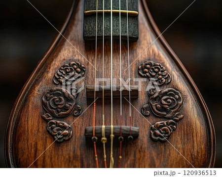 Intricately carved ancient wooden instrument with strings and floral patterns, erhu or pipa, close-up 120936513