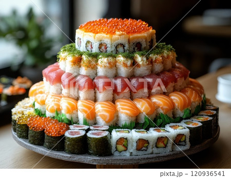 A Christmas tree-shaped sushi display with layered rolls on a festive table 120936541