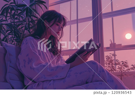 月明かりの窓辺で本を読む女性の癒しイラスト 月明かりの窓辺で本を読む女性の癒しイラスト 120936543