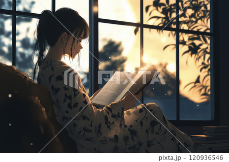 月明かりの窓辺で本を読む女性の癒しイラスト 120936546
