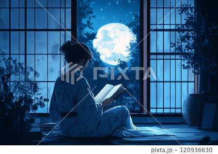 夜の洋室でリラックスする女性の心温まるイラスト 120936630