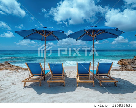 Beach loungers and umbrellas set up on a sandy coastline resembling Tenerife, vacation setting 120936639