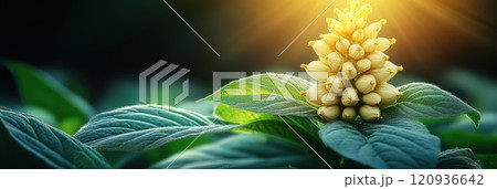 Delicate young spring flowers resembling chestnut blossoms, showcasing fresh green foliage 120936642