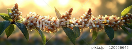 Delicate young spring flowers resembling chestnut blossoms, showcasing fresh green foliage 120936643