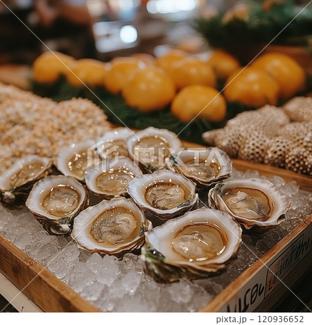 Fresh oysters and sea urchin piles on fish market in port, sea food sale, many oysters 120936652