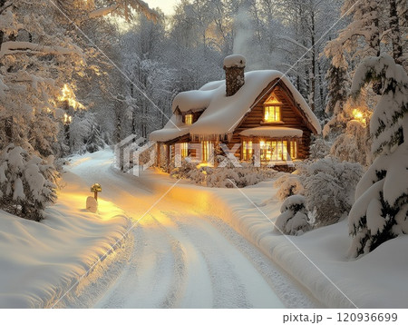 A secluded luxury Norwegian cabin glowing warmly at night in a snowy forest, eco-tourism 120936699