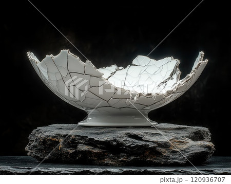 Broken Plate on Table, White Ceramic Pieces, Smashed Crockery Bowl, Stress Concept 120936707