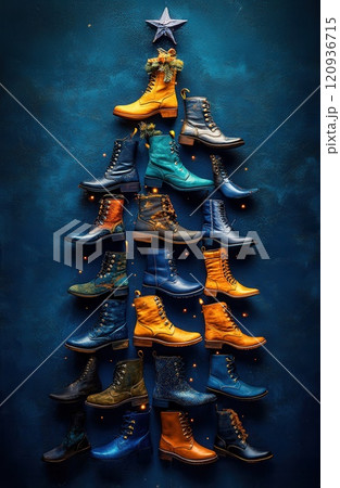 Christmas Tree Shape Made of boots. boots Signs and Xmas Spruce Silhouette, New Year boots Christmas Tree Shape Made of boots. boots Signs and Xmas Spruce Silhouette, New Year boots 120936715