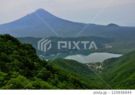 御坂山地の十二ヶ岳から眺める初夏の頃の富士山と西湖 御坂山地の十二ヶ岳から眺める初夏の頃の富士山と西湖 120936844