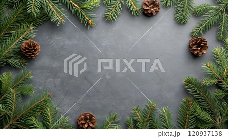 Frosted Gray Holiday Background with Pine Branches and Pinecones 120937138
