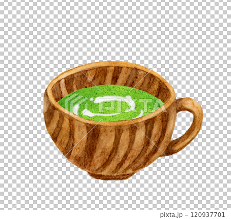 ほうれん草のポタージュと木製の食器　料理・食べ物の手描き水彩イラスト素材 120937701