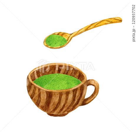 ほうれん草のポタージュと木製の食器　料理・食べ物の手描き水彩イラスト素材 120937702
