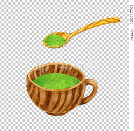 ほうれん草のポタージュと木製の食器　料理・食べ物の手描き水彩イラスト素材 120937702