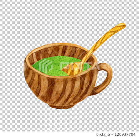 菠菜濃湯和木製餐具手繪水彩烹飪和食物插畫素材 120937704