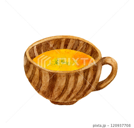 かぼちゃのポタージュと木製の食器 料理・食べ物の手描き水彩イラスト素材 かぼちゃのポタージュと木製の食器 料理・食べ物の手描き水彩イラスト素材 120937708