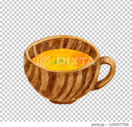 かぼちゃのポタージュと木製の食器 料理・食べ物の手描き水彩イラスト素材 かぼちゃのポタージュと木製の食器 料理・食べ物の手描き水彩イラスト素材 120937708