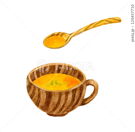 かぼちゃのポタージュと木製の食器　料理・食べ物の手描き水彩イラスト素材 120937710