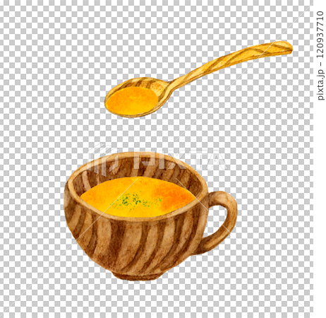 南瓜湯和木製餐具手繪水彩烹飪和食物插畫素材 南瓜湯和木製餐具手繪水彩烹飪和食物插畫素材 120937710