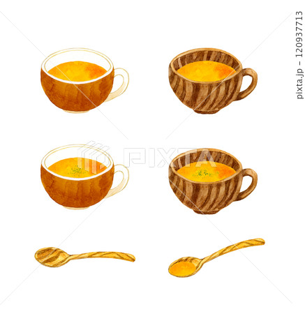 かぼちゃのポタージュと木製の食器のセット 料理・食べ物の手描き水彩イラスト素材集 かぼちゃのポタージュと木製の食器のセット 料理・食べ物の手描き水彩イラスト素材集 120937713