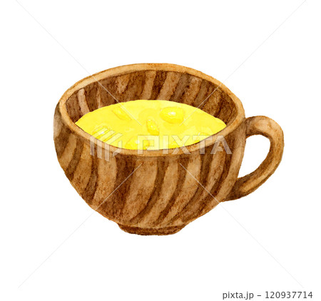 コーンスープと木製の食器　料理・食べ物の手描き水彩イラスト素材 120937714