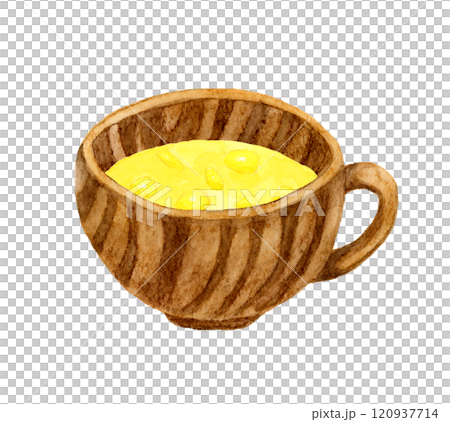 コーンスープと木製の食器　料理・食べ物の手描き水彩イラスト素材 120937714