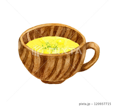 コーンスープと木製の食器 料理・食べ物の手描き水彩イラスト素材 コーンスープと木製の食器 料理・食べ物の手描き水彩イラスト素材 120937715