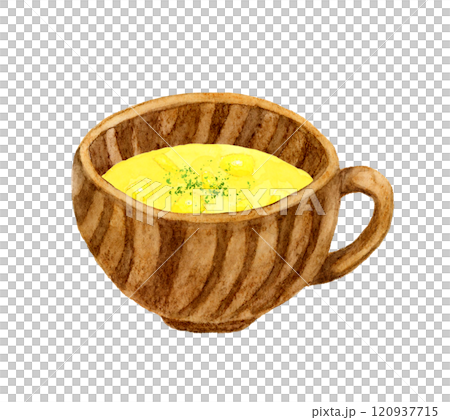 コーンスープと木製の食器 料理・食べ物の手描き水彩イラスト素材 コーンスープと木製の食器 料理・食べ物の手描き水彩イラスト素材 120937715