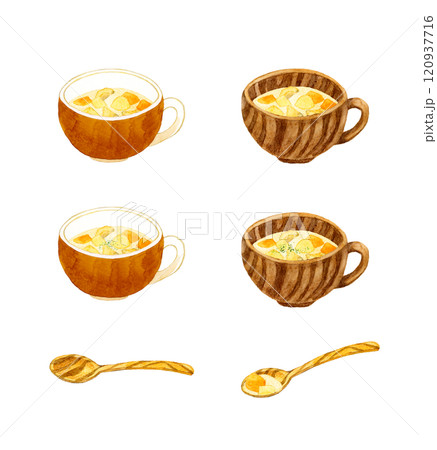 クラムチャウダーと木製の食器のセット 料理・食べ物の手描き水彩イラスト素材集 クラムチャウダーと木製の食器のセット 料理・食べ物の手描き水彩イラスト素材集 120937716
