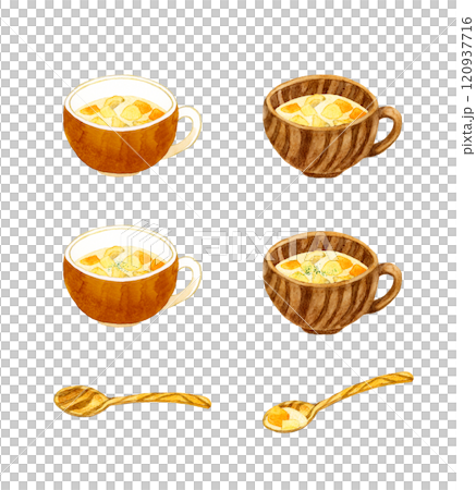 クラムチャウダーと木製の食器のセット 料理・食べ物の手描き水彩イラスト素材集 クラムチャウダーと木製の食器のセット 料理・食べ物の手描き水彩イラスト素材集 120937716