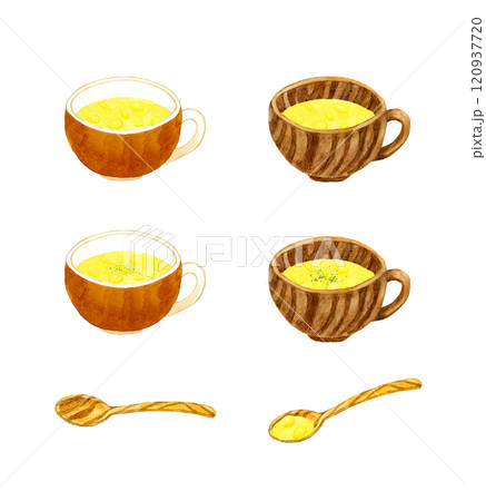 コーンスープと木製の食器のセット　料理・食べ物の手描き水彩イラスト素材集 120937720