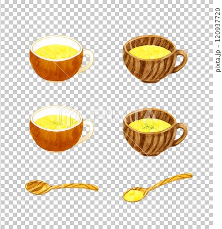 コーンスープと木製の食器のセット　料理・食べ物の手描き水彩イラスト素材集 120937720