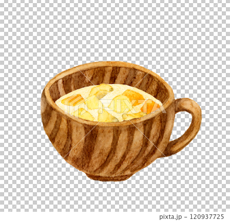 蛤蜊濃湯和木匙烹飪和食物手繪水彩插畫素材 120937725