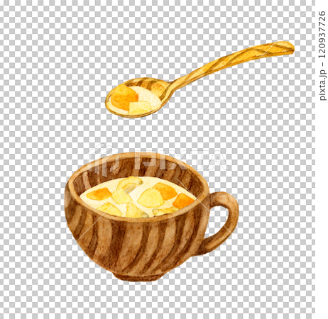 Clam chowder and wooden spoon Hand-drawn watercolor illustration of food 120937726