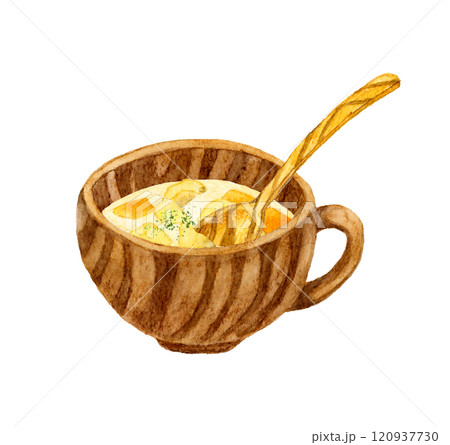 クラムチャウダーと木製スプーン　料理・食べ物の手描き水彩イラスト素材 120937730