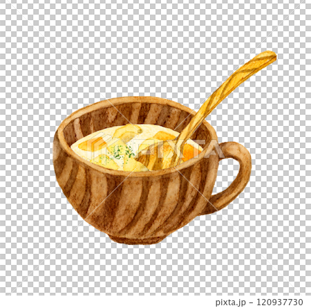 Clam chowder and wooden spoon Hand-drawn watercolor illustration of food 120937730