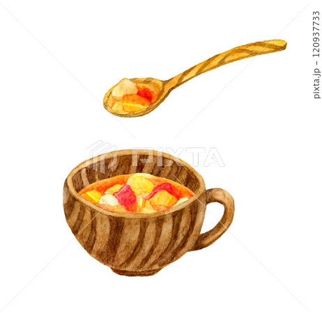 ミネストローネと木製の食器　料理・食べ物の手描き水彩イラスト素材 120937733